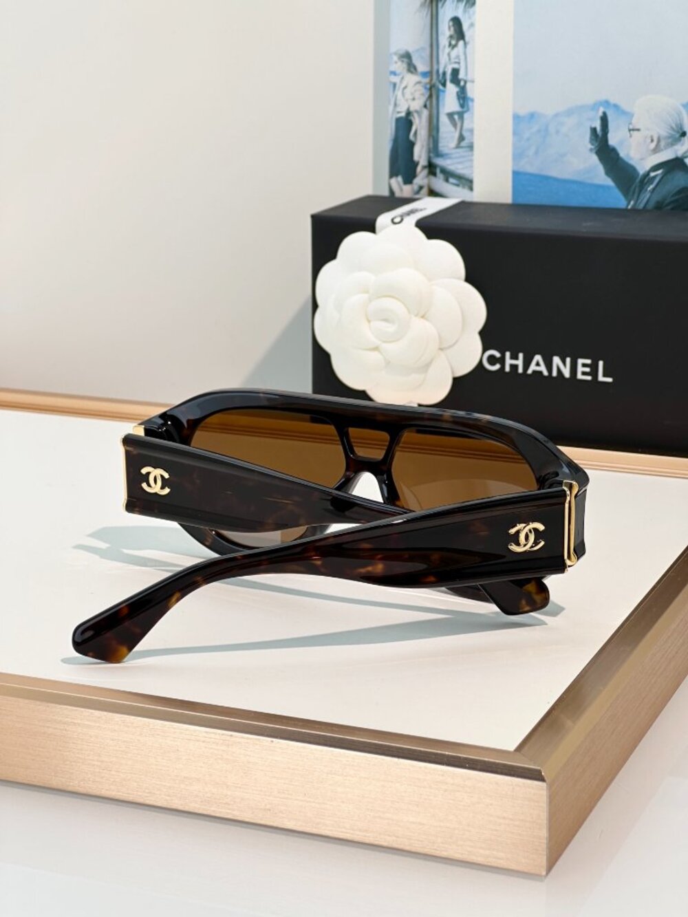 NWT CHANEL Tortoise Shell Shield Aviator Sunglasses Gold CC Logo - Picture 5 of 10